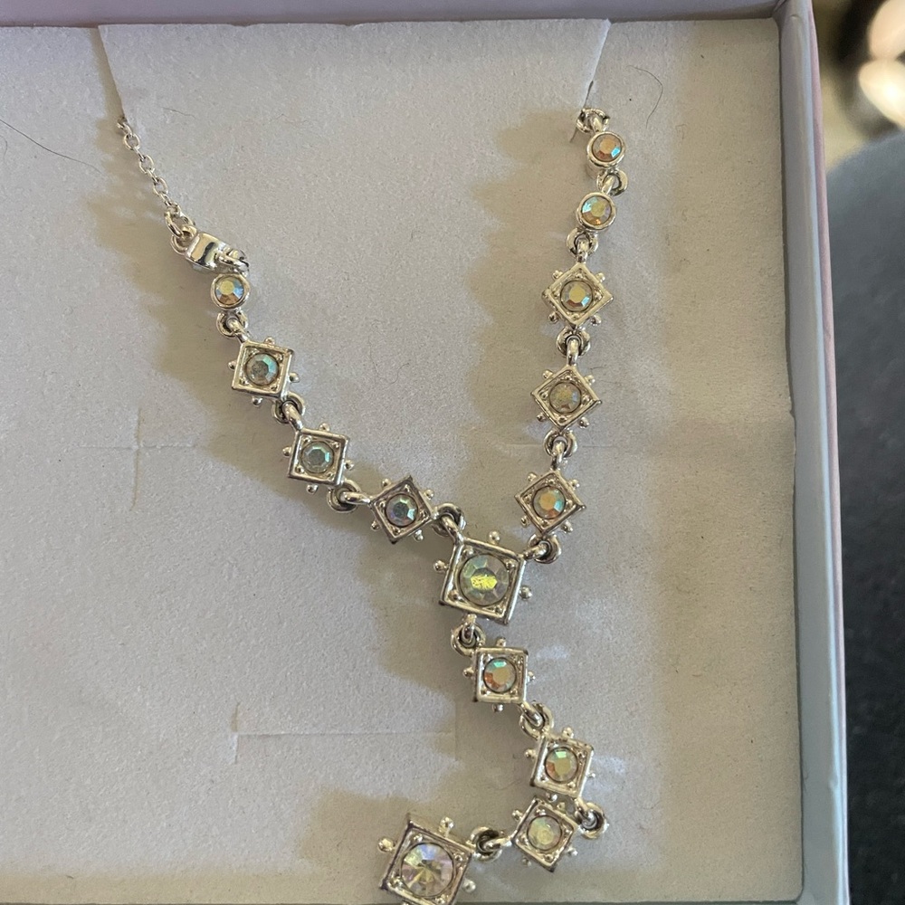 Silver Geometric Lariat Necklace with Clear Stones - Picture 1 of 2